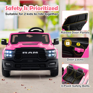 Pink and black toy truck with safety features highlighted, suitable for 2 kids to ride together.