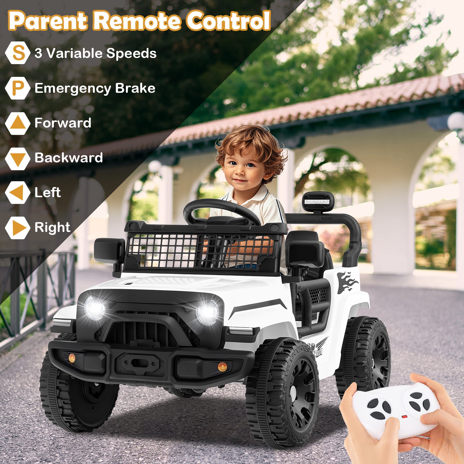 Child in a toy off-road vehicle with remote control, outdoor setting
