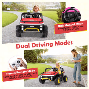 Children's electric ride-on car with dual driving modes and steering wheel controls.