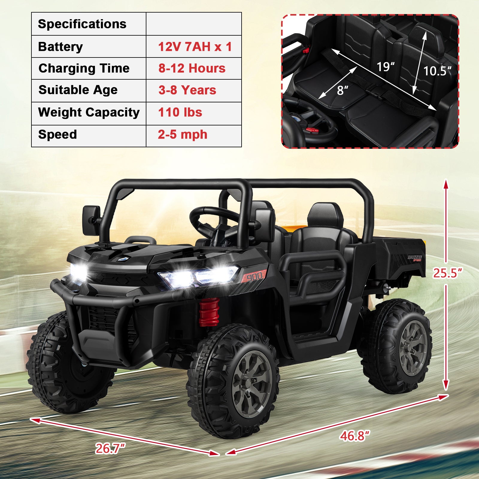 Black toy off-road vehicle with specifications and dimensions on a blurred road background