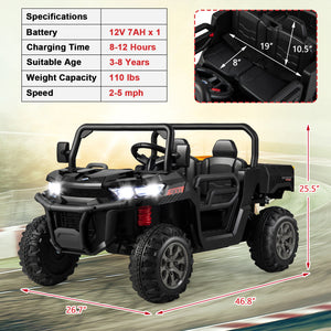 Black toy off-road vehicle with specifications and dimensions on a blurred road background