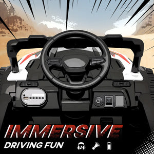 Steering wheel and dashboard of a vehicle with 'Immersive Driving Fun' text and icons.