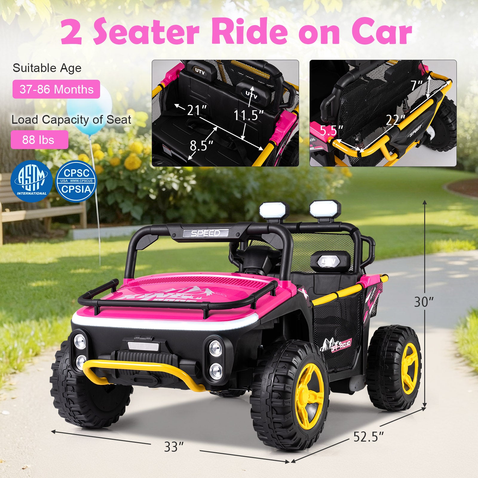 Pink and black 2-seater ride-on car with specifications and certifications on a grassy background.