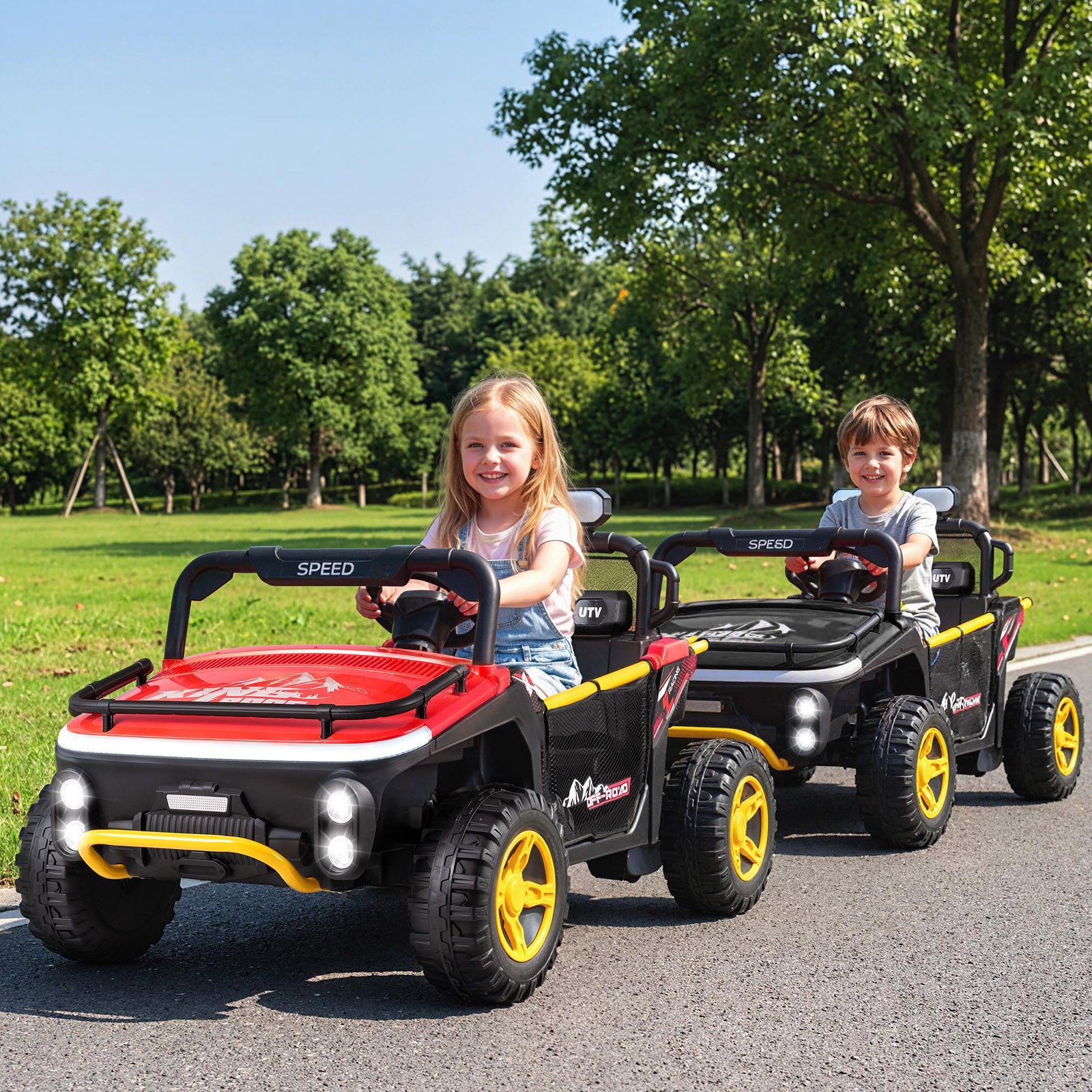 Two children playing with toy cars on a road in a park.