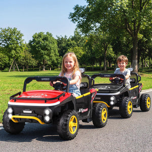 Two children playing with toy cars on a road in a park.