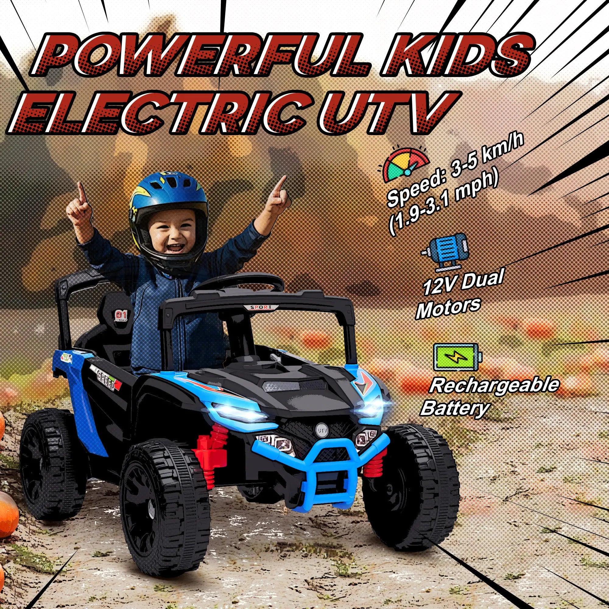 Child playing with a toy electric UTV on a dirt path with text highlighting features.