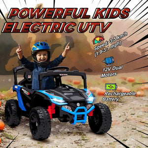 Child playing with a toy electric UTV on a dirt path with text highlighting features.