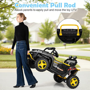Woman pushing a toy UTV with a convenient pull rod feature, set against a suburban backdrop.