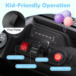 Control panel of a toy car with labeled components and balloons in the background.
