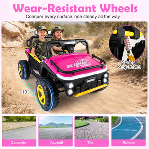Children playing in a pink and black toy car with wear-resistant wheels on a rocky surface.