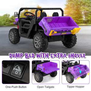 Children's toy off-road vehicle with purple dump bed and shovel, on a road with trees in the background.