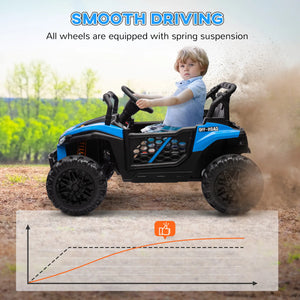 Child driving a toy off-road vehicle with 'Smooth Driving' text and suspension graphic.