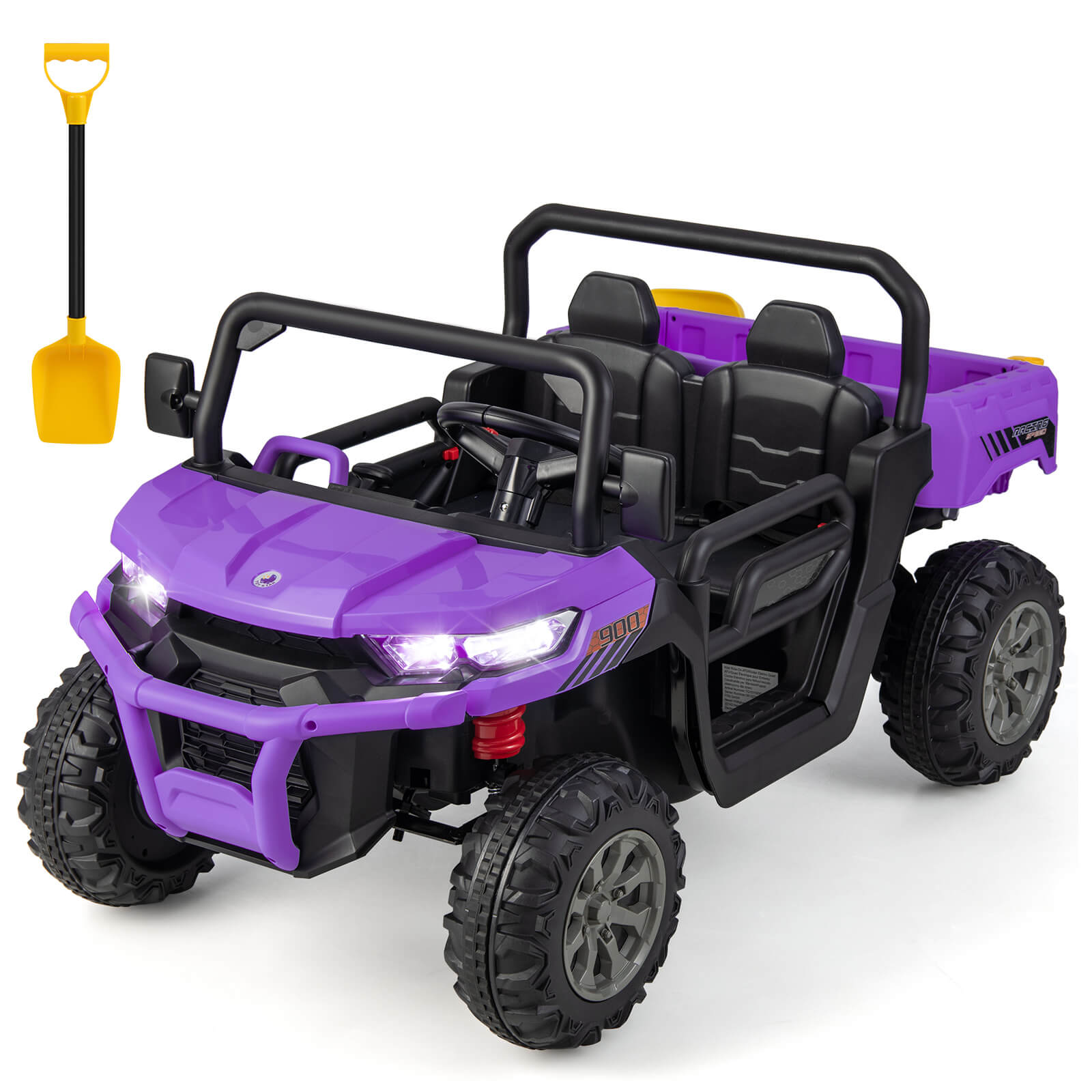 Purple toy off-road vehicle with black seats and a yellow shovel on a white background