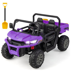 Purple toy off-road vehicle with black seats and a yellow shovel on a white background