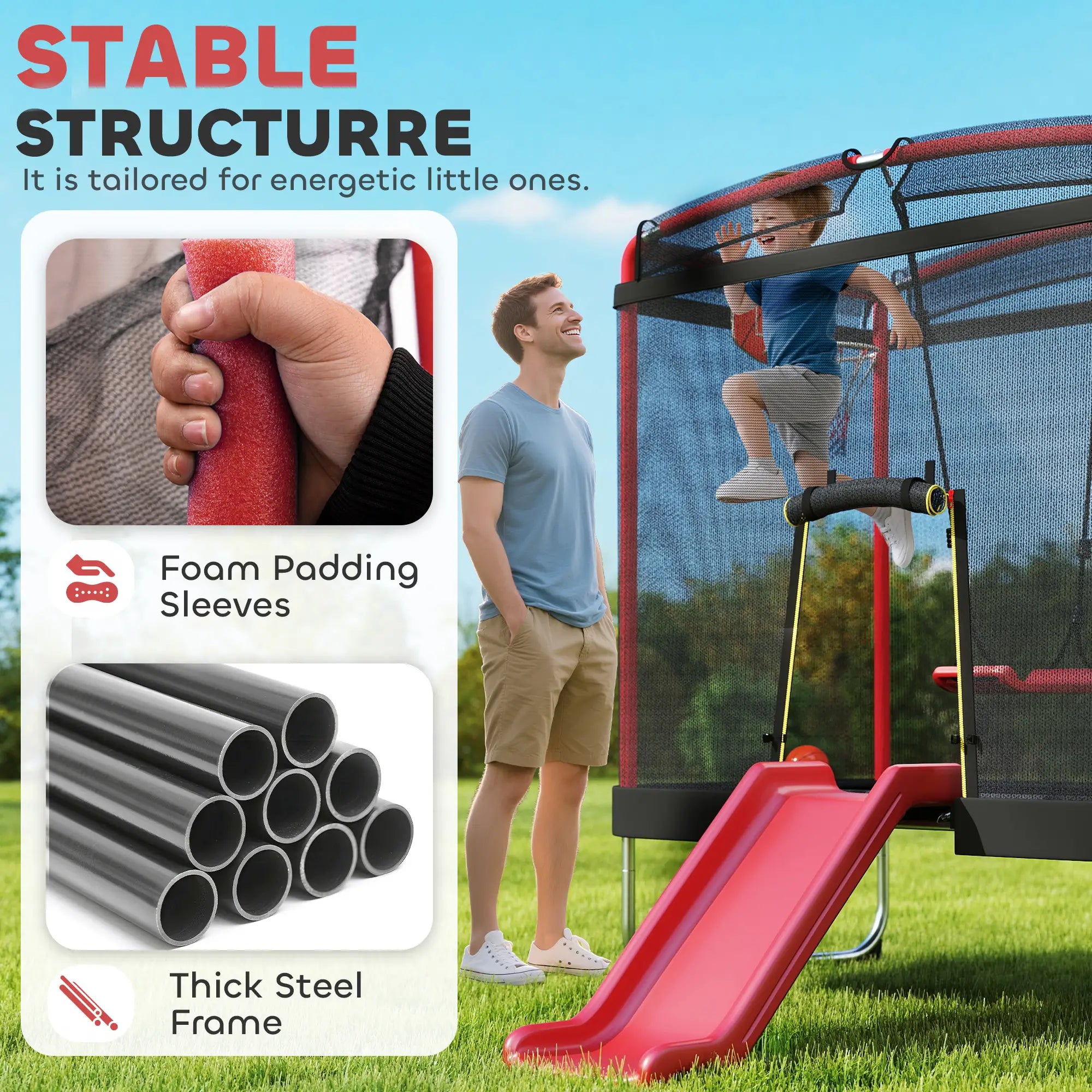 Playground structure with a slide, featuring text about stability and safety features.