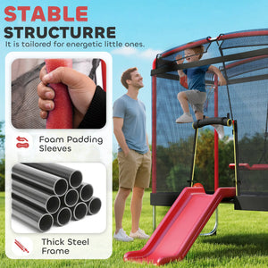Playground structure with a slide, featuring text about stability and safety features.