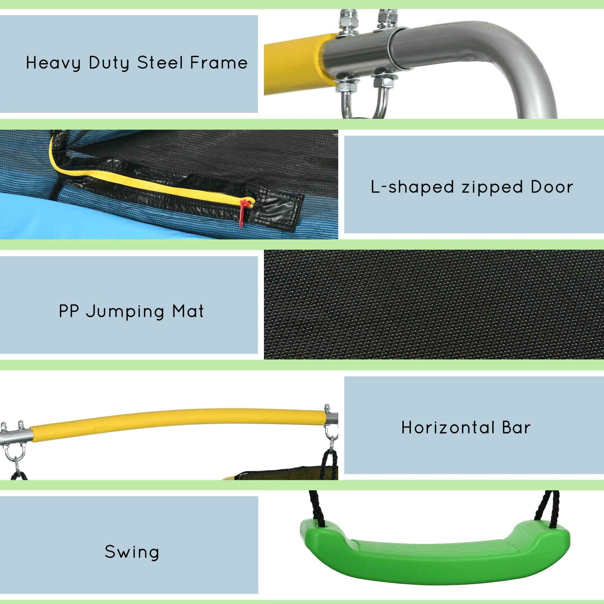 Features of a playground trampoline with text labels on a blue background