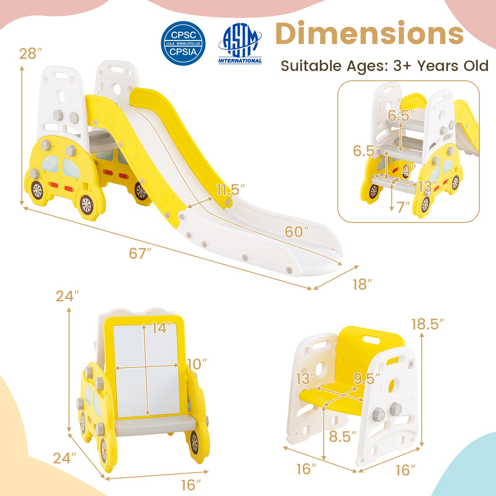 Extended toddler slide with safety handrails and buffer zone