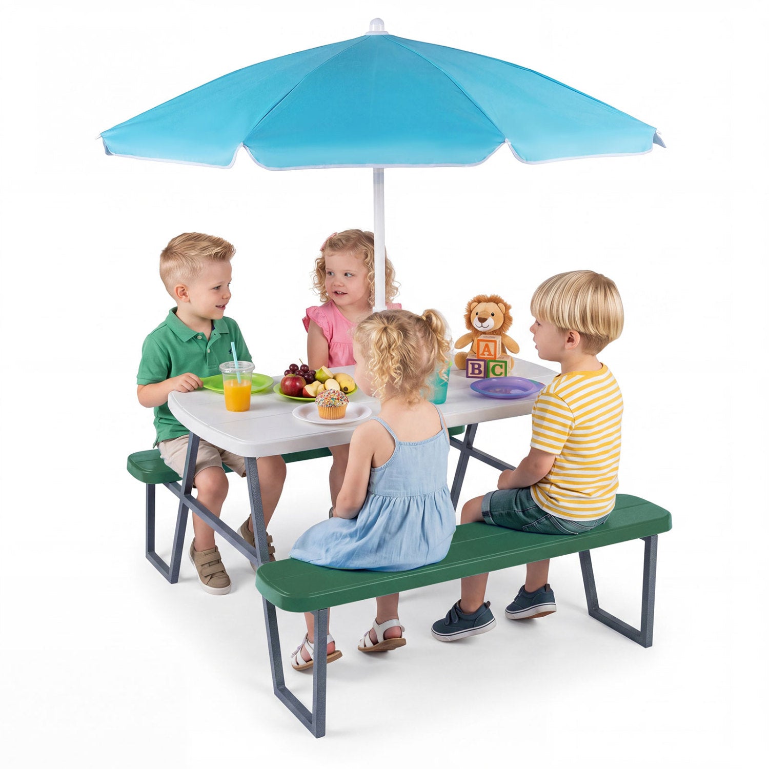 Children sitting at a table with a green bench and blue umbrella on a white background