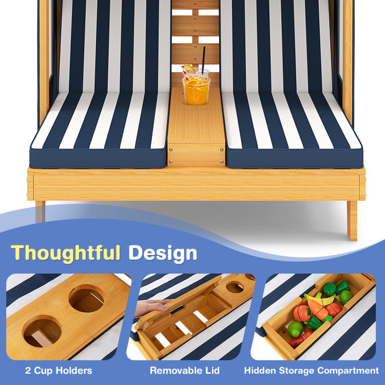 A wooden outdoor lounge chair with thick navy blue and white striped cushions, featuring a central wooden table compartment holding an orange drink. The image includes a 'Thoughtful Design' banner and three inset detail images showing cup holders, a removable lid, and a hidden storage compartment.