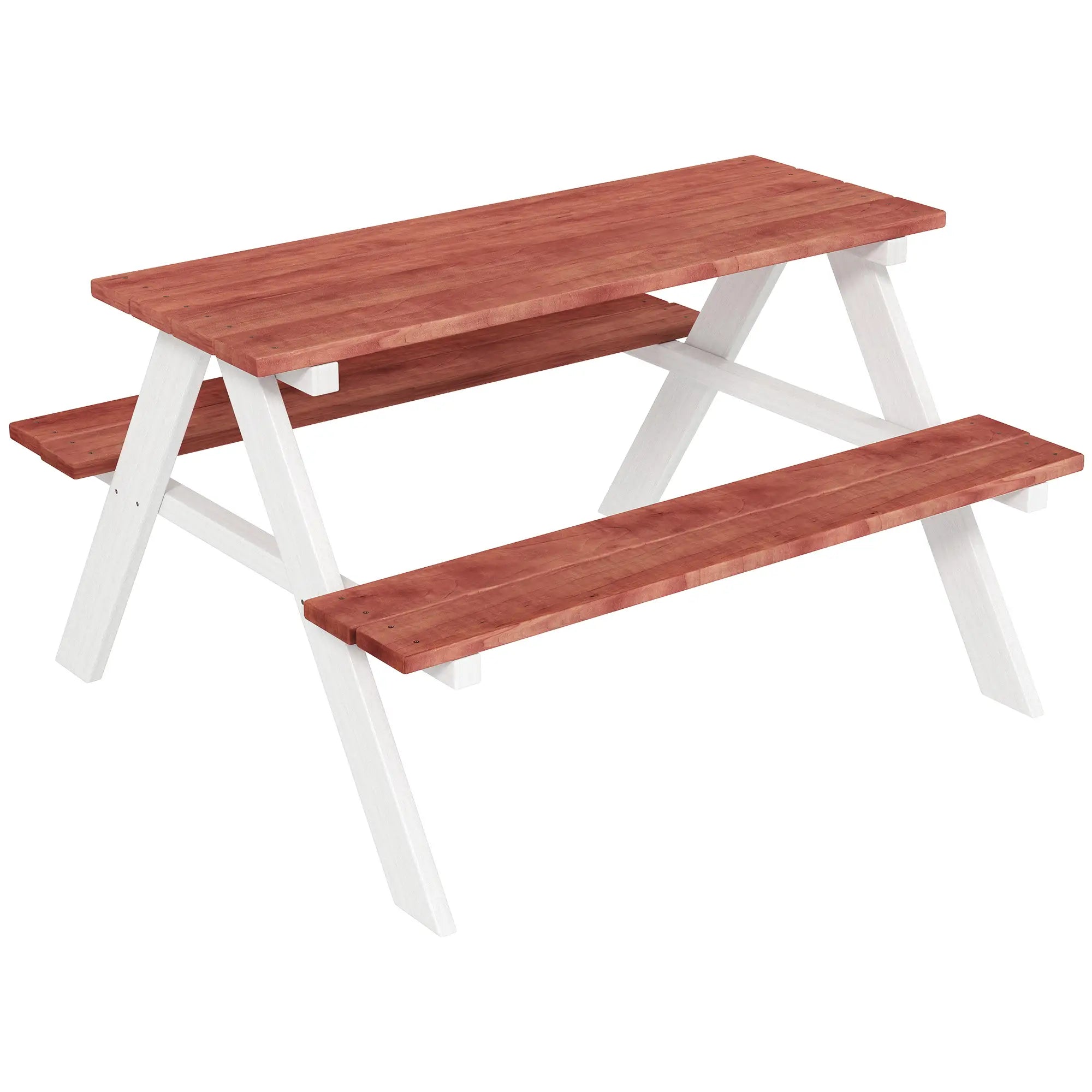 Wooden picnic table with red-brown top and white legs on a white background
