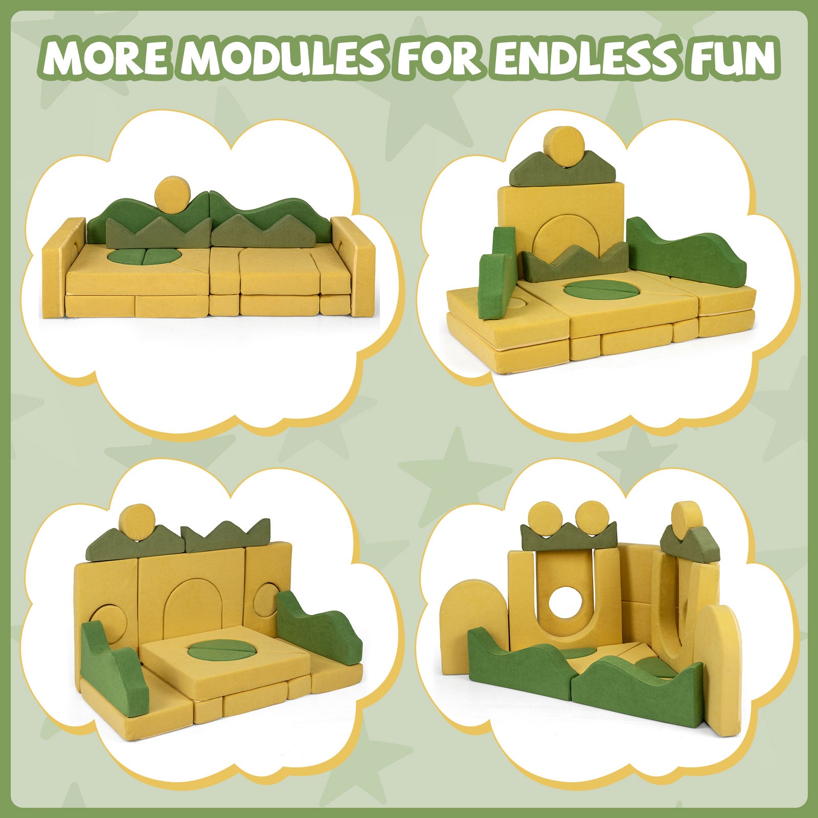 Toy building modules with green and brown colors on a light green background.