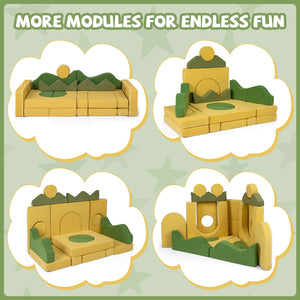 Toy building modules with green and brown colors on a light green background.