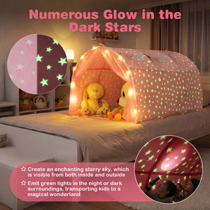 Children's play tent with glowing stars on a bed, surrounded by toys, in a bedroom setting.