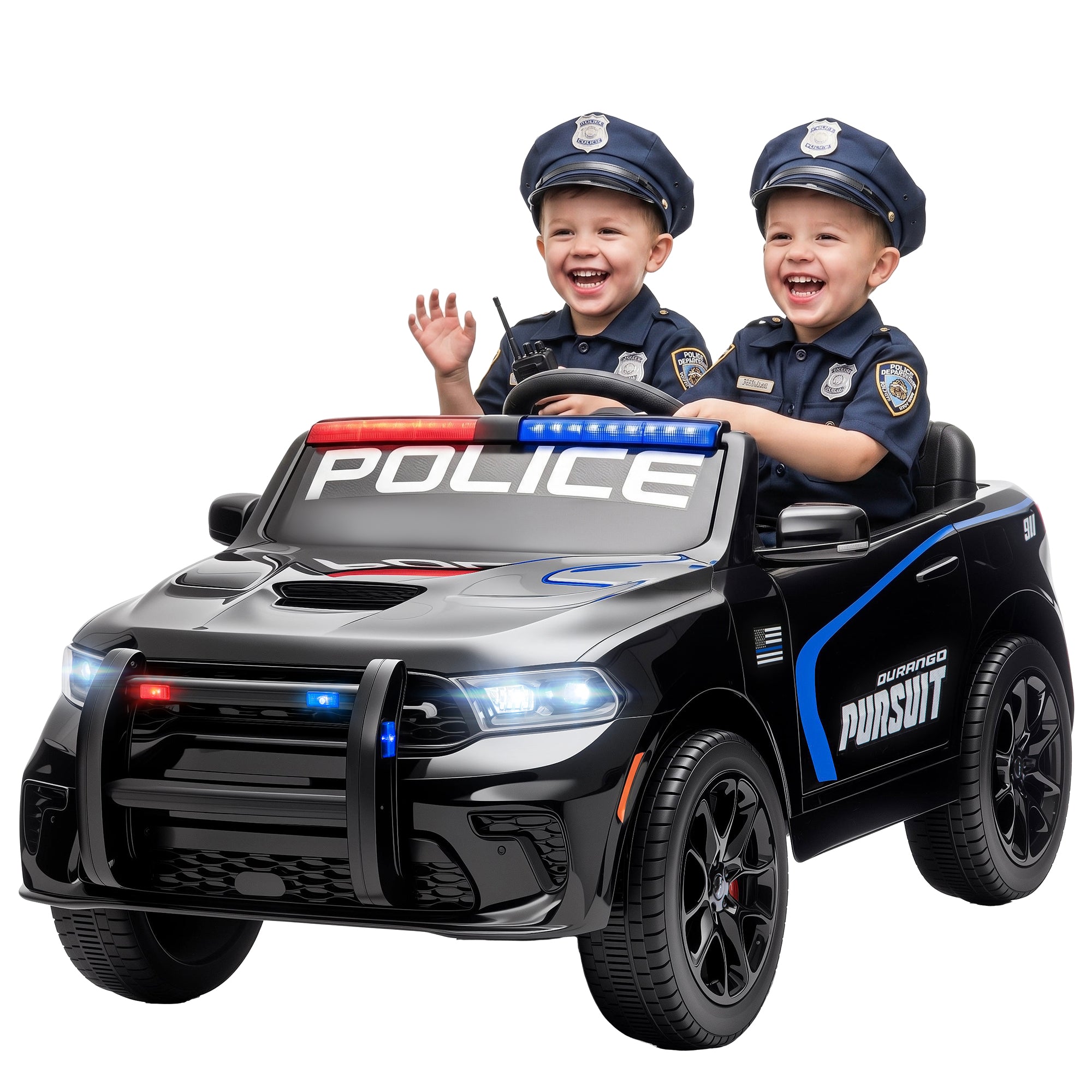 Two young children wearing police uniforms sitting in a black ride-on toy car styled like a police vehicle, with 'POLICE' on the windshield and 'SUPER FAST PURSUIT' on the side, against a plain white background.
