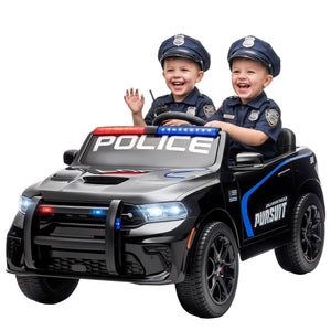 Two young children wearing police uniforms sitting in a black ride-on toy car styled like a police vehicle, with 'POLICE' on the windshield and 'SUPER FAST PURSUIT' on the side, against a plain white background.