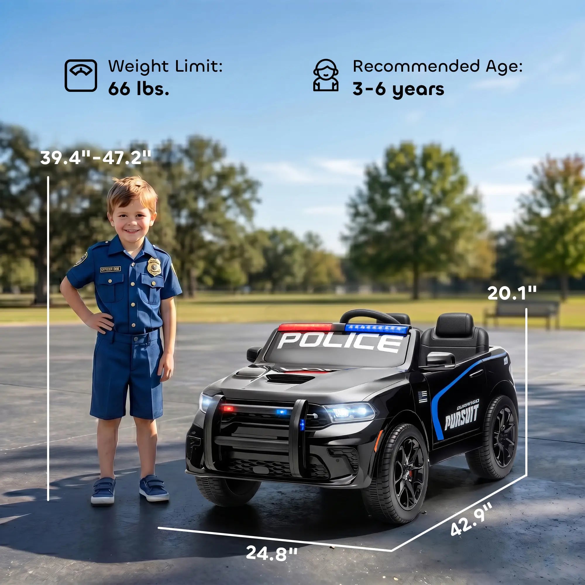 A children's ride-on toy car shown outdoors next to a child in a police uniform, with dimension lines and text indicating size and weight limits. The product is a black police-themed toy car with blue and red light accents and 'POLICE' lettering on the hood and side.