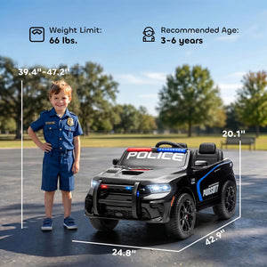 A children's ride-on toy car shown outdoors next to a child in a police uniform, with dimension lines and text indicating size and weight limits. The product is a black police-themed toy car with blue and red light accents and 'POLICE' lettering on the hood and side.