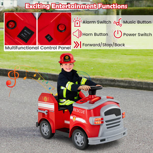 Child in a fire-themed toy car with control panel features displayed.