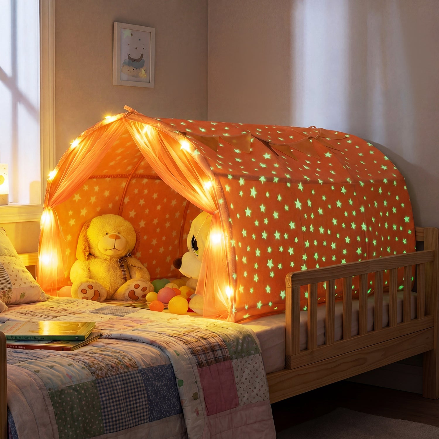Children's bed with a star-patterned tent and glowing lights, featuring a teddy bear and toys.