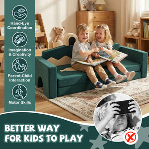 Two children sitting on a green kids' sofa reading a book, with text highlighting benefits of playtime.
