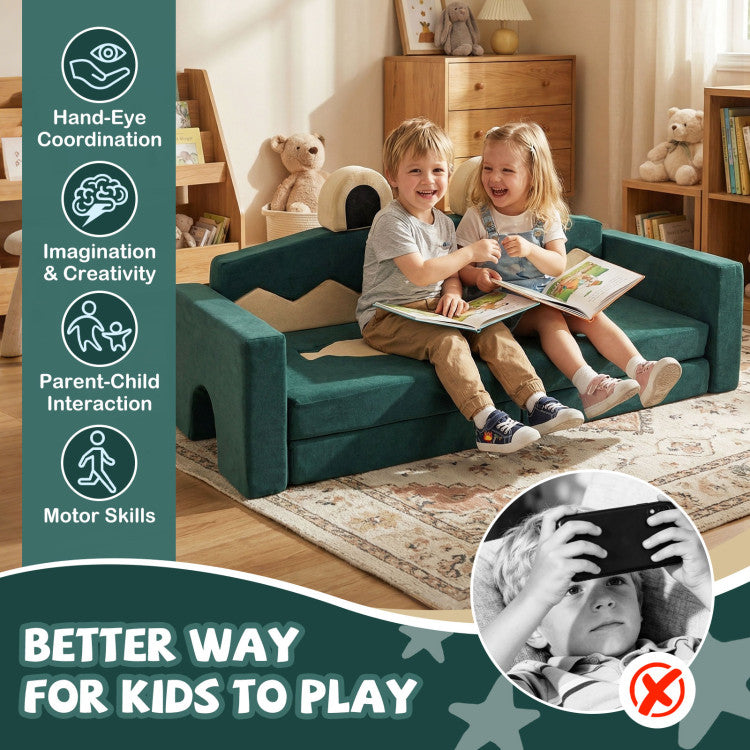 Two children sitting on a green kids' sofa reading a book, with text highlighting benefits of playtime.