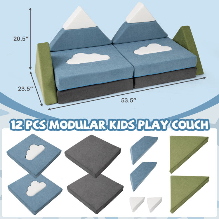 12-piece modular kids play couch set with dimensions and cloud designs on a light blue background.
