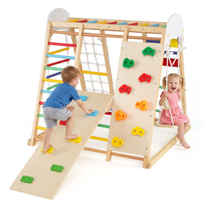 Front view of foldable wooden indoor jungle gym for kids