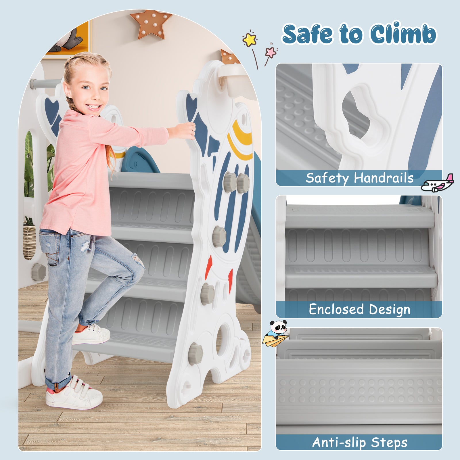 Child climbing on a play structure with safety features highlighted