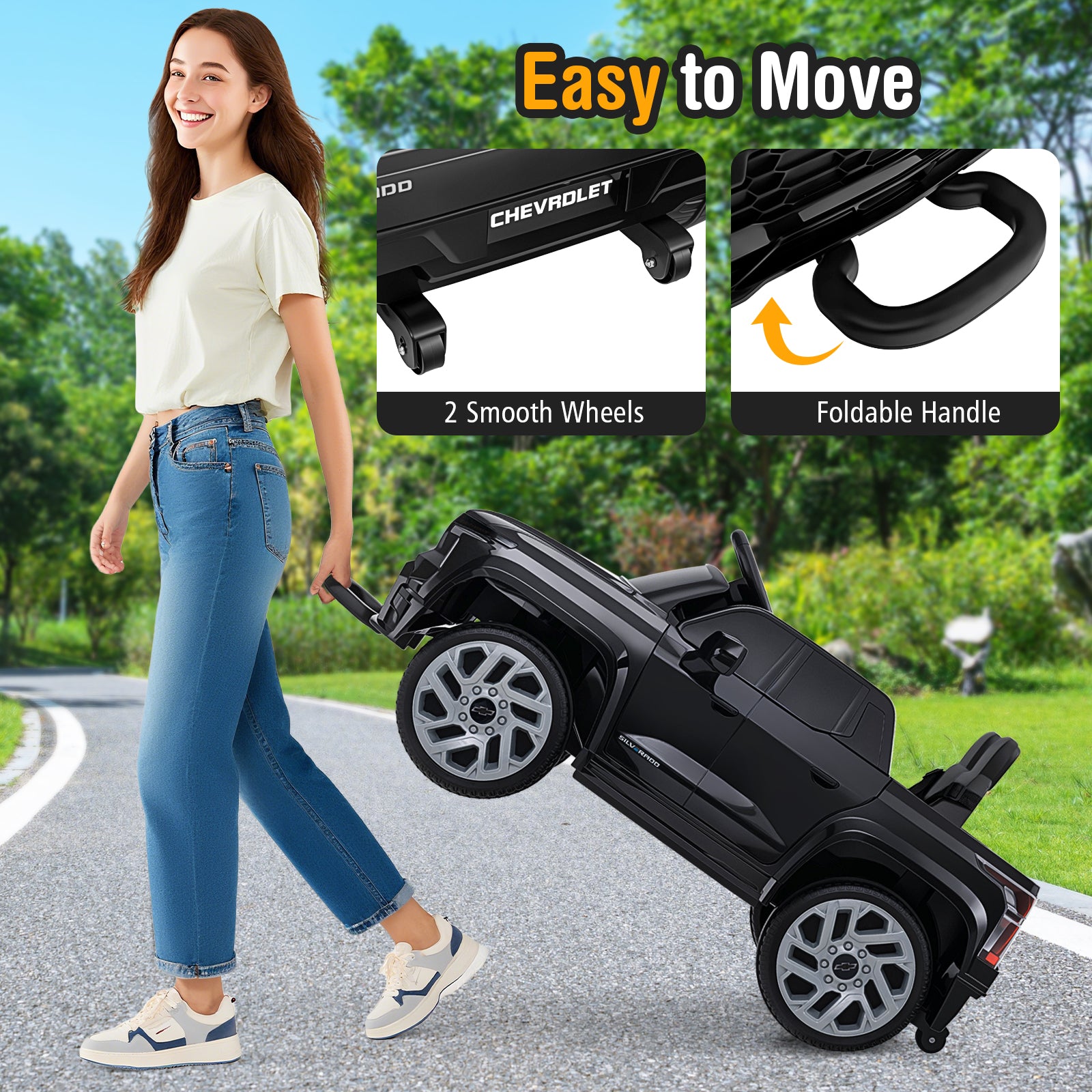 Person pushing a black mobility scooter with features highlighted on a green outdoor background