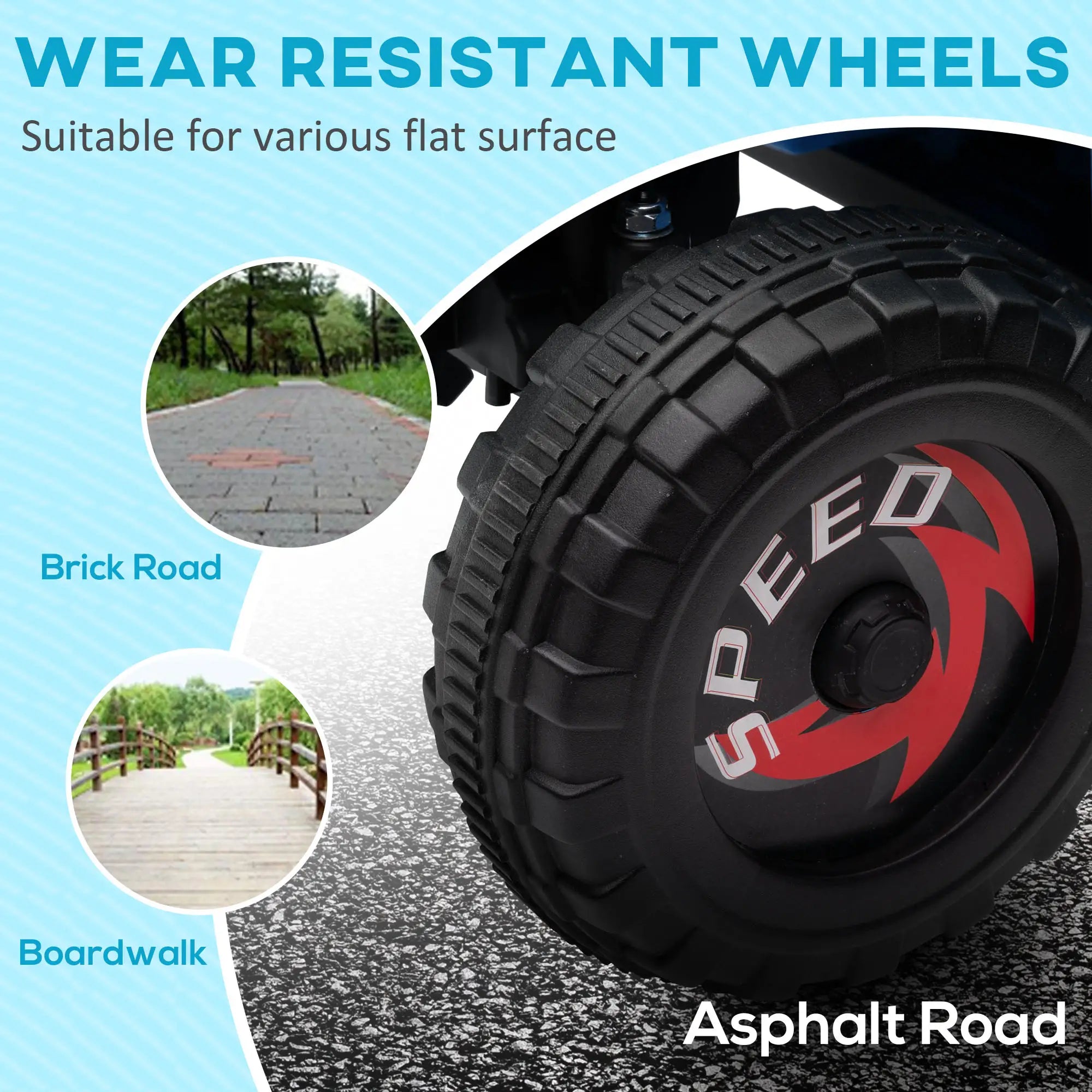 Wearing resistant wheel with 'Speed' branding on an asphalt road, suitable for various flat surfaces.