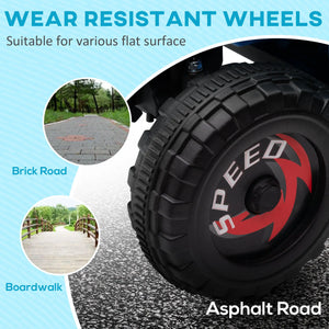 Wearing resistant wheel with 'Speed' branding on an asphalt road, suitable for various flat surfaces.