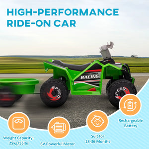 Green high-performance ride-on car with trailer on a road, featuring text and icons about its features.