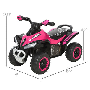 Pink and black toy ATV with dimensions labeled on a white background