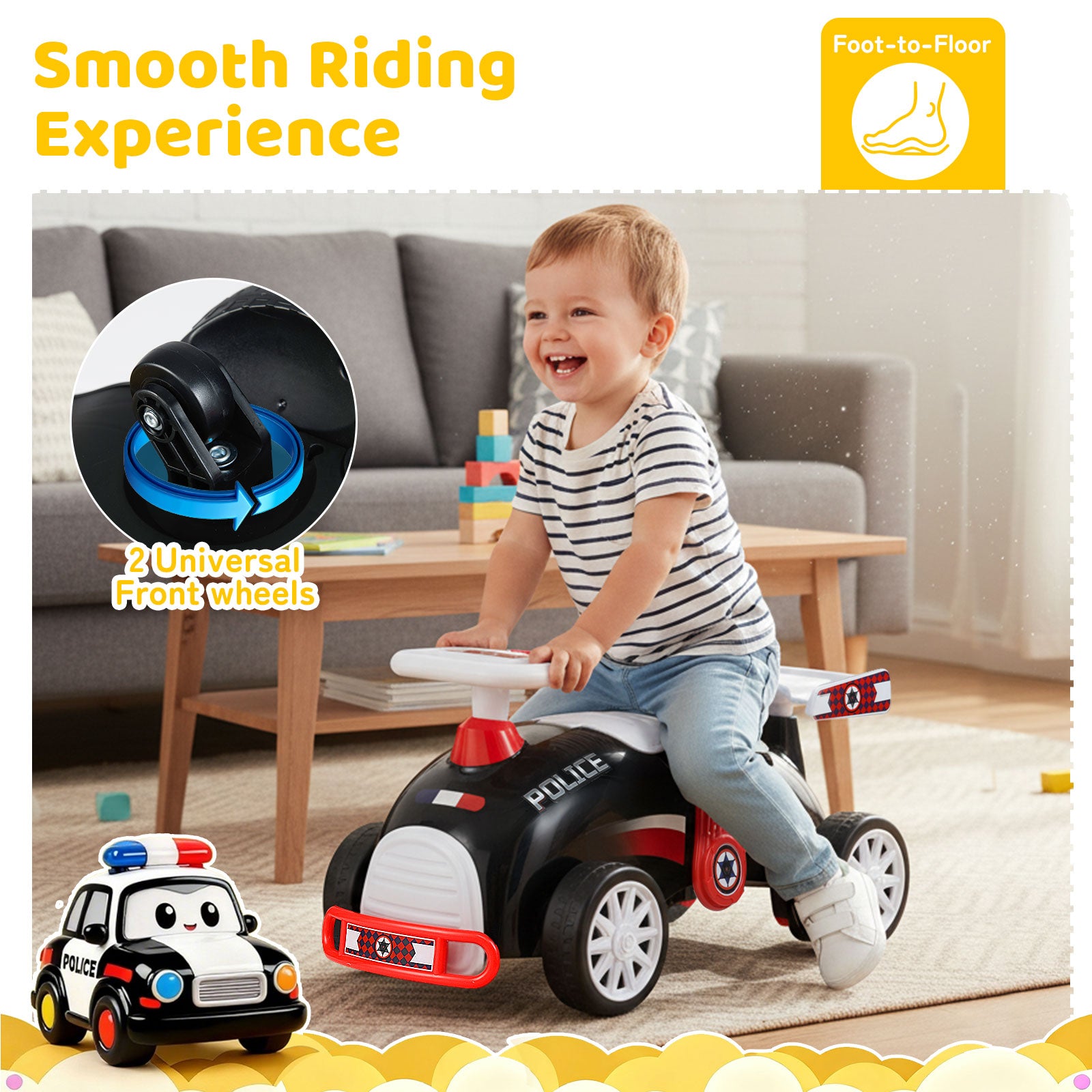 Child riding a toy police car with text highlighting features, in a living room setting.