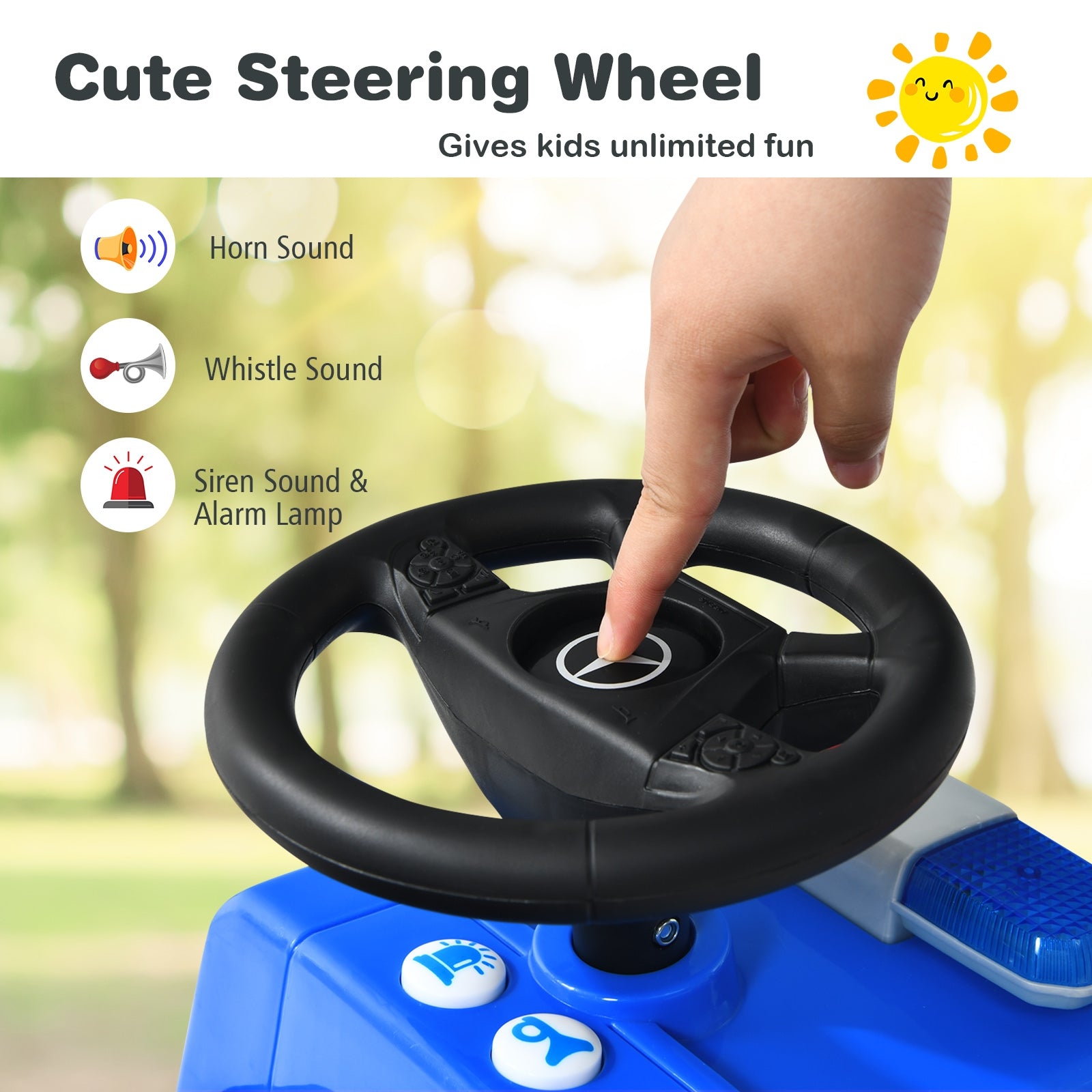 Toy steering wheel with sound effects and horn button, used by a child's hand.