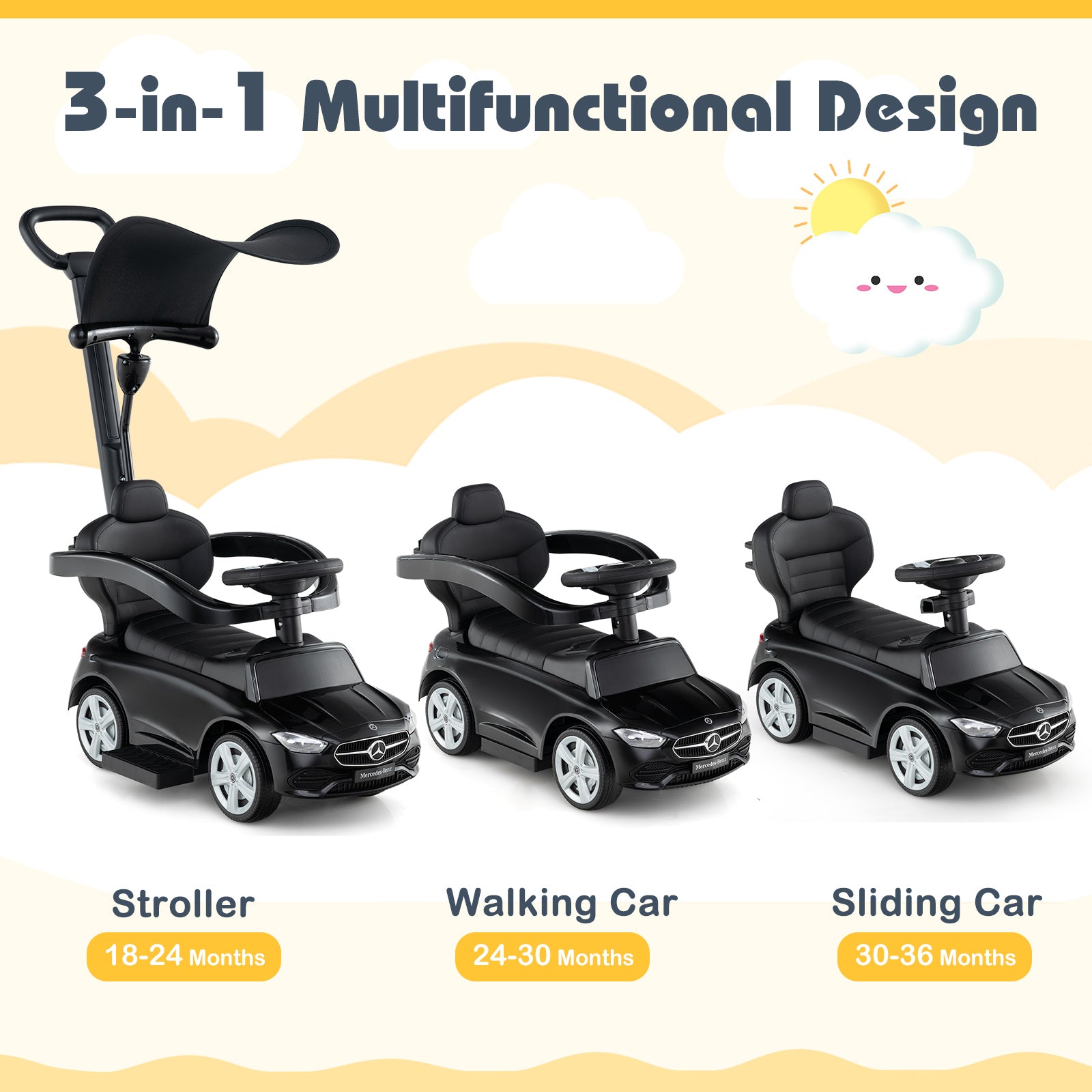 Three stages of a 3-in-1 multifunctional children's vehicle with stroller, walking car, and sliding car features on a beach background.