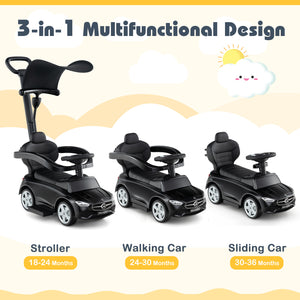 Three stages of a 3-in-1 multifunctional children's vehicle with stroller, walking car, and sliding car features on a beach background.