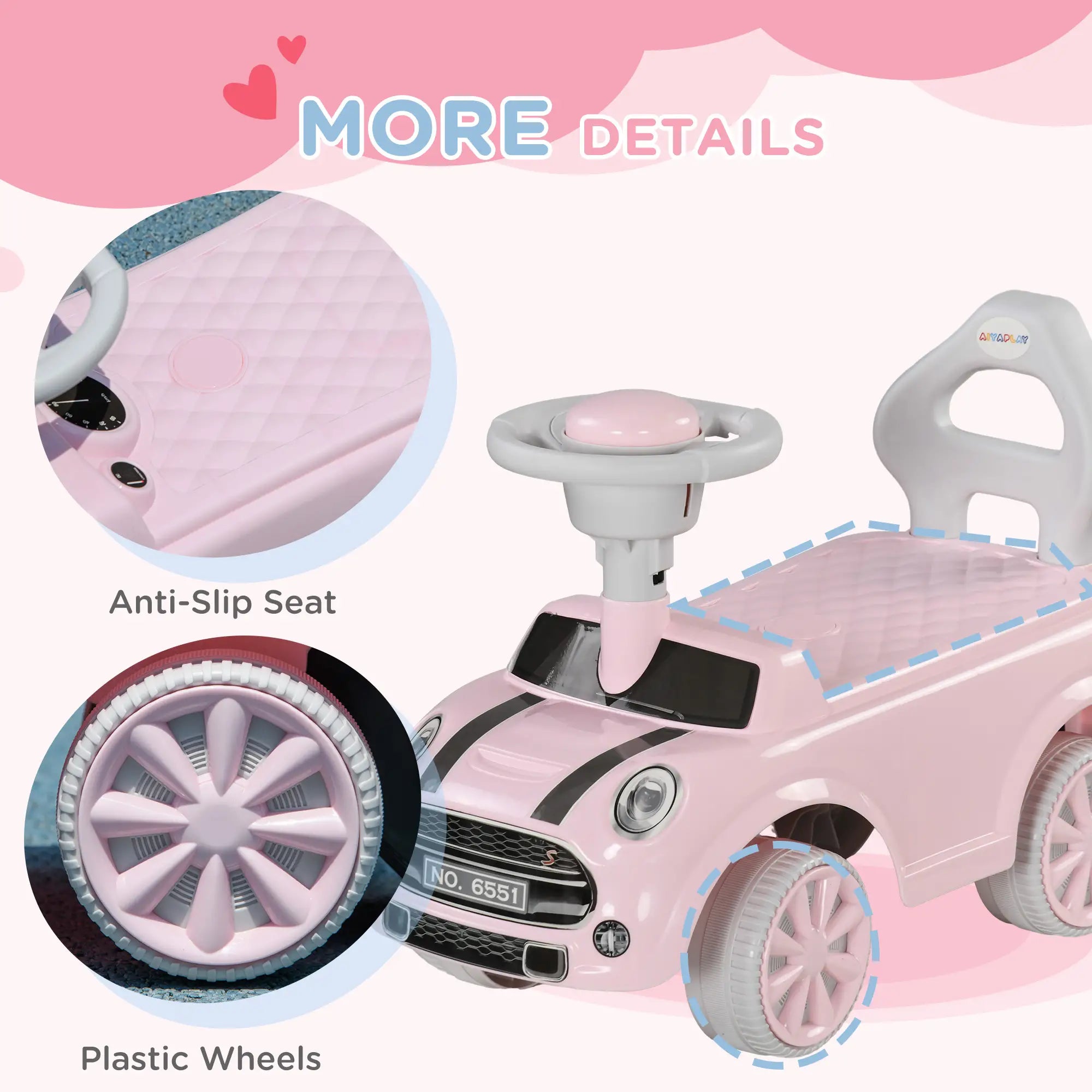 Dimensions guide of the foot-to-floor toddler ride-on car