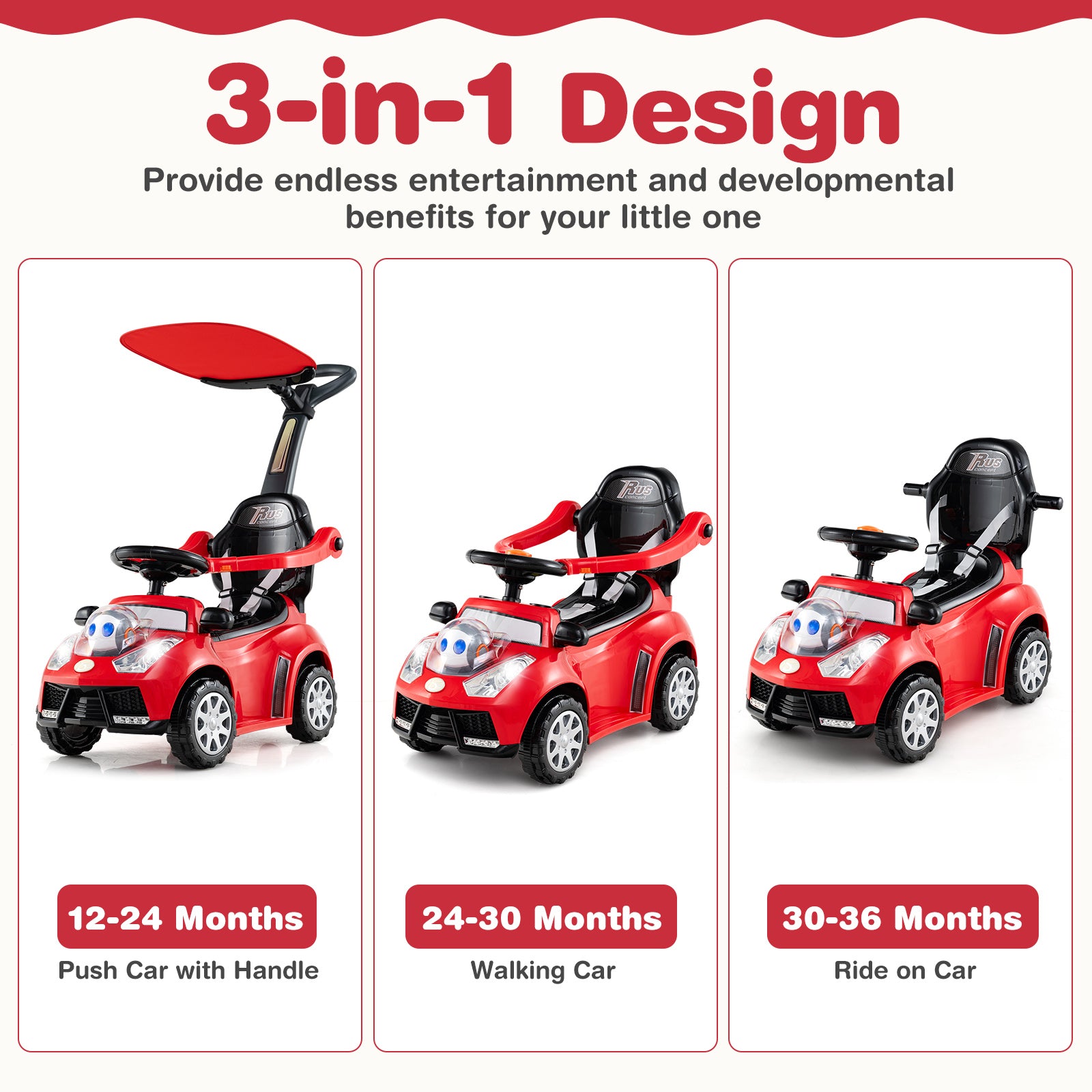 Red toy car with handle, walking car, and ride-on car stages on a white background